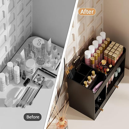 LONTAI Bamboo Makeup Organizer with Drawers, Cosmetic Storage for Lipstick Organizer Beauty Holder Skincare Organizer for Dresser Vanity Bathroom Countertop, No Assembly Required (Black)