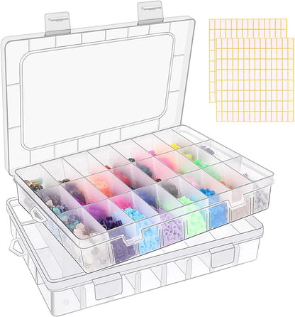 2 Pack 24 Grids Clear Plastic Organizer Box, Storage Container with Adjustable Divider, Craft and Bead Storage Organizer Box for DIY Jewelry Tackles with 2 Sheets Label Stickers