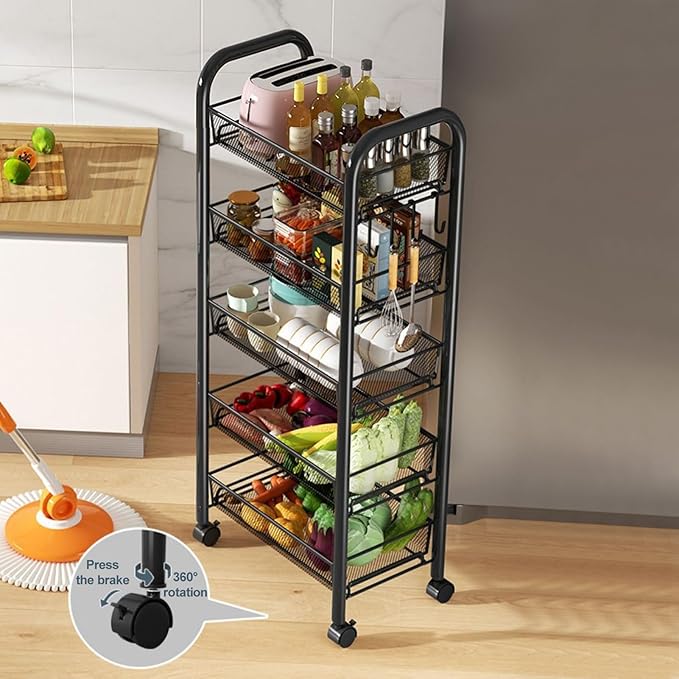 Fruit Vegetable Storage Basket,5 Tier Kitchen Storage Cart with 360 Degree Wheels, Fruit Vegetable Produce Basket Storage Organizer Stackable Metal Mesh Storage Basket for Kitchen, Pantry,