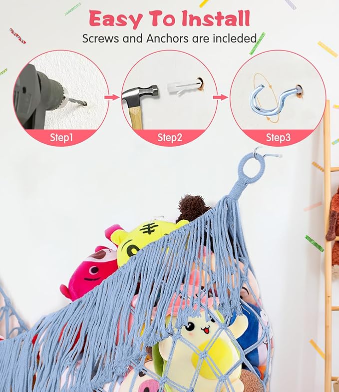 Stuffed Animal Hammock - Extra Large 63'' Long, Stuffed Animal Storage, stuffed animal Holder net, Hammock Large, Storage Hanging Organizer - Light blue