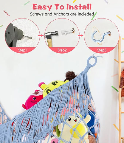 Stuffed Animal Hammock - Extra Large 63'' Long, Stuffed Animal Storage, stuffed animal Holder net, Hammock Large, Storage Hanging Organizer - Light blue