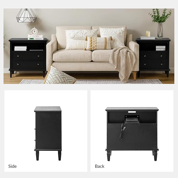HULALA HOME Farmhouse End Table with Charging Station, End Table with USB Ports & Outlets, Fluted Pilasters Design Side Table with Open Space and 2 Drawers Dresser for Living Room, Black