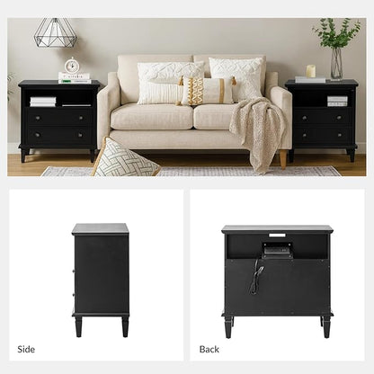 HULALA HOME Farmhouse End Table with Charging Station, End Table with USB Ports & Outlets, Fluted Pilasters Design Side Table with Open Space and 2 Drawers Dresser for Living Room, Black