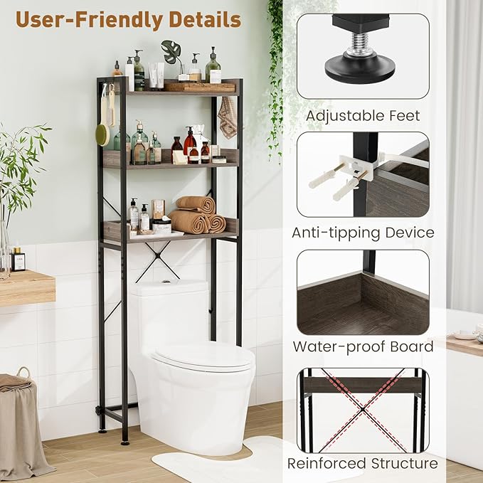 LOKO 3-Tier Over The Toilet Storage Rack, Bathroom Space Saver Shelf, Freestanding Above Toilet Organizer with 4 Hooks, Anti-Tipping Device, Metal Frame Toilet Rack for Balcony Laundry (Grey+Black)