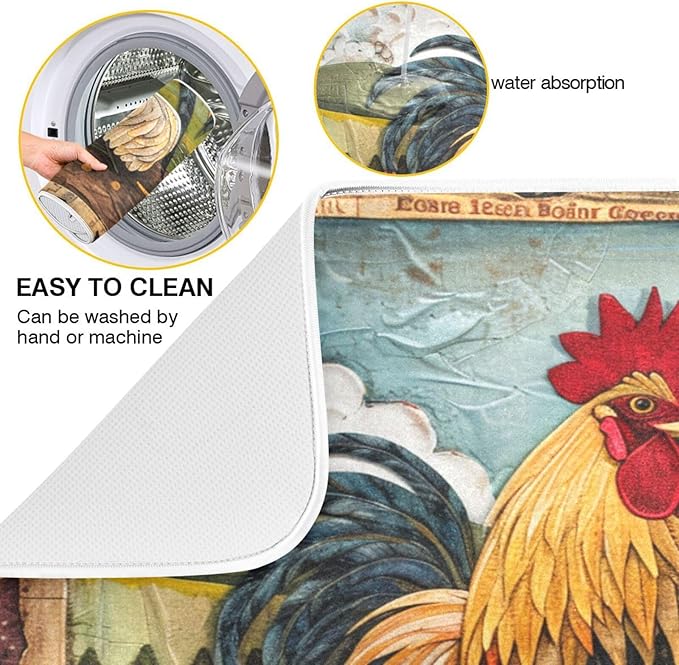 ZzWwR Rural Farm Painting House Rooster and Hen Absorbent Dish Drying Mat Microfiber Kitchen Countertop Table Protector Multi-Purpose Counter Rack Sink Drainer Pad (16" x 18)