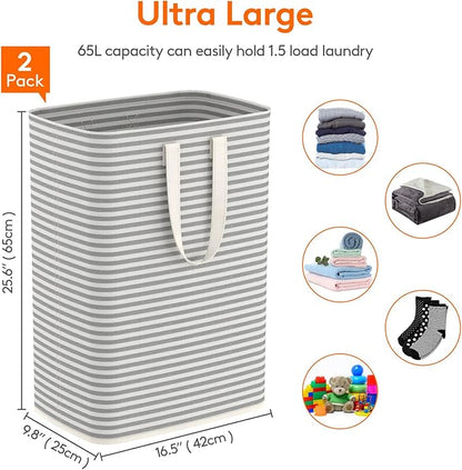 Lifewit 2 Pack Laundry Hamper Large Collapsible Laundry Baskets, Freestanding Waterproof Clothes Hamper with Easy Carry Handles in Laundry Room Bedroom Bathroom College Dorm, Grey, 2 x 65L