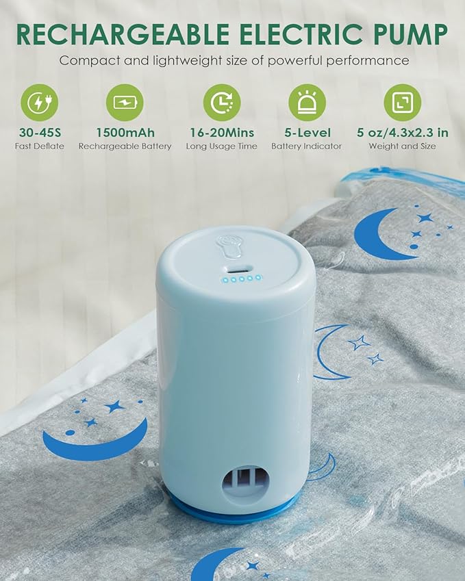 Vacuum Storage Bags with Electric Pump, 10 Pack Vacuum Sealed Bag with 1500mAh Rechargeable Battery for Clothes, Blanket, Duvets, Pillows, Comforters, Travel