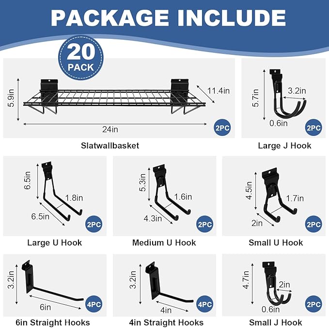 20PCS Slatwall Accessories Set, Includes 2 Pack Slatwall Wire Shelves (24 inches Width) and 18 Pack Heavy Duty Multisize Slatwall Hooks for Garage Organization, Retail Display (24 Inch)