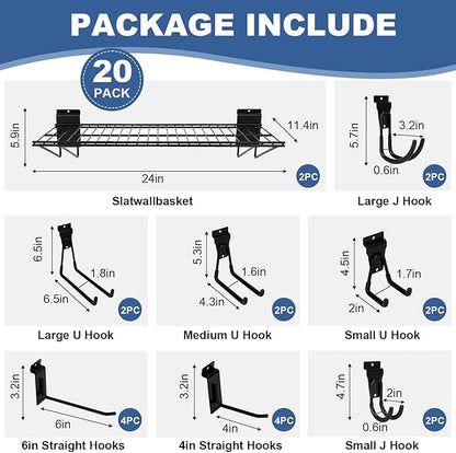 20PCS Slatwall Accessories Set, Includes 2 Pack Slatwall Wire Shelves (24 inches Width) and 18 Pack Heavy Duty Multisize Slatwall Hooks for Garage Organization, Retail Display (24 Inch)