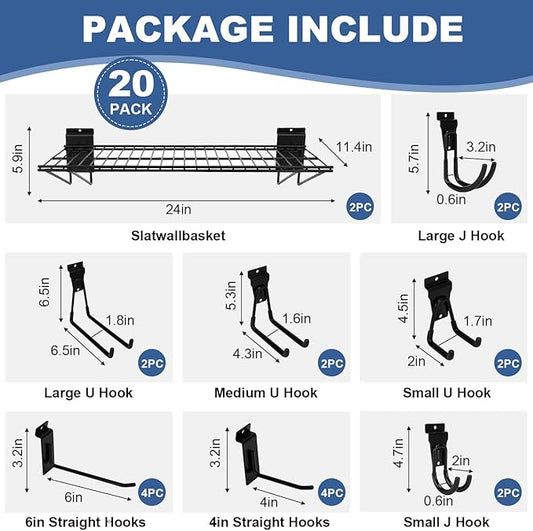 20PCS Slatwall Accessories Set, Includes 2 Pack Slatwall Wire Shelves (24 inches Width) and 18 Pack Heavy Duty Multisize Slatwall Hooks for Garage Organization, Retail Display (24 Inch)