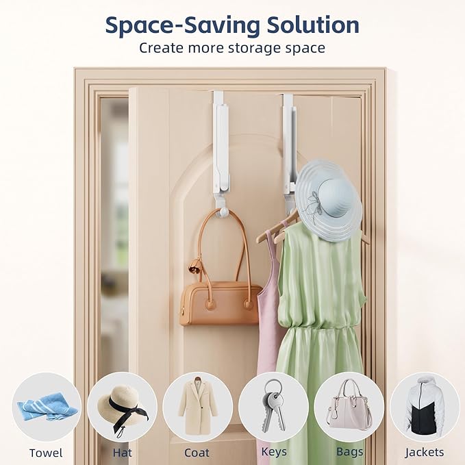 WLCSNG 4 Pack Over The Door Hanger Foldable Over The Door Hooks，Rust-Resistant Overdoor Hanger Hook for Laundry (Clothes Drying Rack)&Bathroom (Towel Rack) Small Portable,White