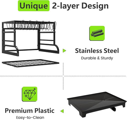 HomeCurated 2-Tier Foldable Dish Drying Rack with Drainboard, Stainless Steel Large Capacity Kitchen Counter Organizer with Cup Holder, Utensil & Cutting Board Storage, No Assembly Required, Black