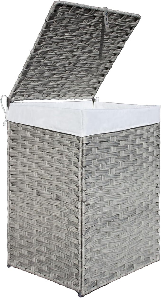 Woven Laundry Hamper with Lid,24Gal (90 L) Rattan Wicker Laundry Basket 2 Sections with Lid, Removable Machine Washable Line, Large Clothes Hamper with Handles for Bathroom Bedroom, Gray