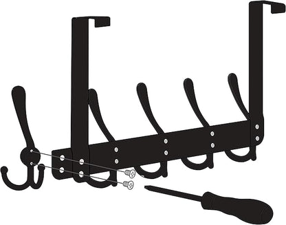 SKOLOO Over The Door Hook - for Doors up to 1-3/4'' Thickness, Metal Door Hanger with 5 Triple Hooks, Over The Door Hanger for Coats, Hats,Towels, Silver, Assembly Required