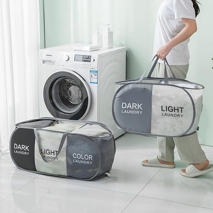 TECHMILLY Collapsible Laundry Basket Durable Pop Up Hamper with 2 Compartments for Sort and Storage, Portable Dirty Clothes Hamper for Dorm, Laundry Room or Travel (Grey + Begie)