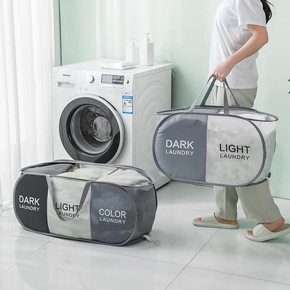 TECHMILLY Collapsible Laundry Basket Durable Pop Up Hamper with 2 Compartments for Sort and Storage, Portable Dirty Clothes Hamper for Dorm, Laundry Room or Travel (Grey + Begie)