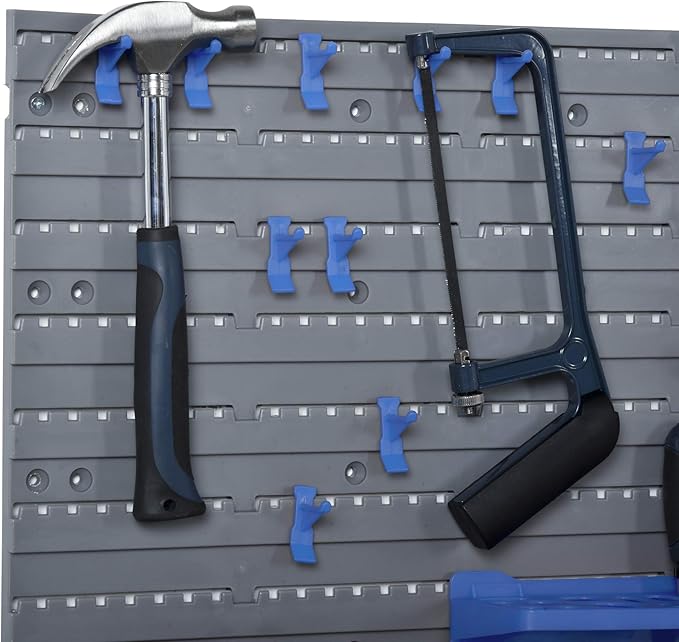 DURHAND Wall Mounted Storage Bins, 44PC Pegboard Tool Organizer Rack Kit Garage Plastic Shop Tool, Blue