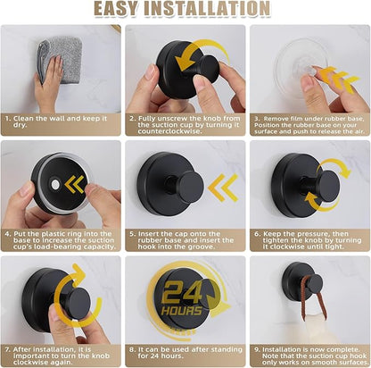 Fenas Suction Cup Hooks for Shower No-Drill Bathroom Hooks for Towels, Robes, Loofah Mountable on Bathroom Walls, Kitchen, Glass, Mirrors, Tile and Smooth,Non-Porous Surfaces (4, Matte Black)