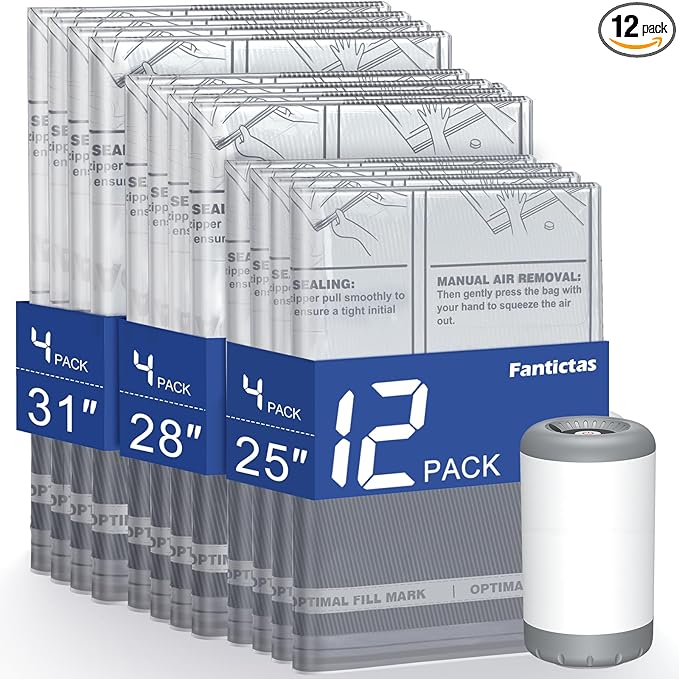 Fantictas Travel Vacuum Storage Bags with Rechargeable Air Pump, 12 Pack Portable Space Saver Bags, Compression Bags for Clothing, Bedding, Seasonal Storage & Packing Bags for Moving