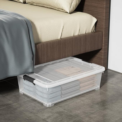 Zerdyne 25 L Clear Under Bed Storage Bins with Lids, 4-Pack Under Bed Plastic Latch Storage Box with Wheels