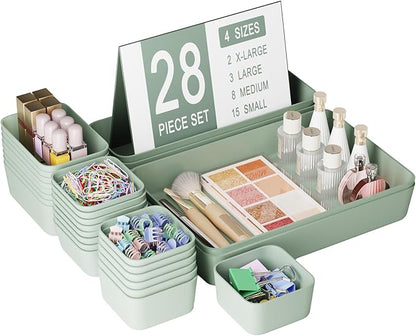 Homhut 28 pcs Desk Drawer Organizer Tray, Multiple Sizes Plastic Drawer Organizer Storage, Stackable Organizer Containers For Makeup, Bedroom, Kitchen Gadgets Utensils and Office