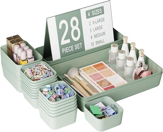 Homhut 28 pcs Desk Drawer Organizer Tray, Multiple Sizes Plastic Drawer Organizer Storage, Stackable Organizer Containers For Makeup, Bedroom, Kitchen Gadgets Utensils and Office