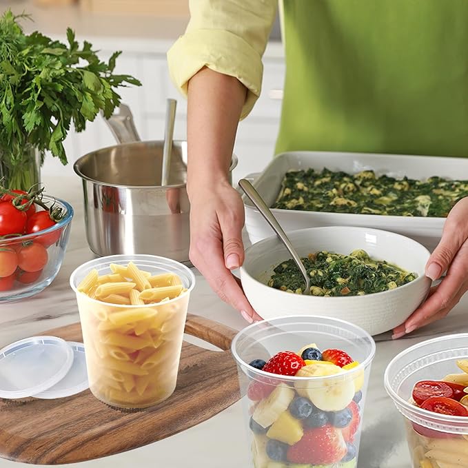 Slomg 60 Pack 32oz Plastic Deli Containers with Lids, Disposable Food Storage Containers for Soup Meal Prep Leftover, To Go Takeout Quart Bowls for Restaurant Kitchen Microwave Dishwasher Freezer Safe