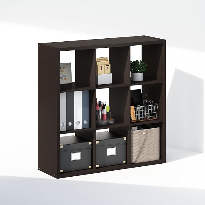 Furinno Cubic Closet Organizers and Storage, 9-Cube Closet Organizer, Open Shelf Closet Storage, Extra Thick Frame for Wardrobe, Bedroom, Living Room, Dark Oak