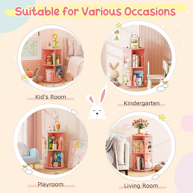 HONEY JOY Kids Rotating Bookshelf, Wooden Spinning Small Corner Organizer w/Baffles, 360°Display Standing Toddler Bookshelf, Narrow Storage Rack, Montessori Book Shelf for Nursery, Playroom (Pink)
