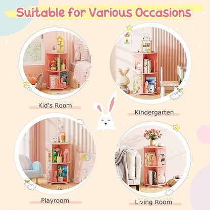HONEY JOY Kids Rotating Bookshelf, Wooden Spinning Small Corner Organizer w/Baffles, 360°Display Standing Toddler Bookshelf, Narrow Storage Rack, Montessori Book Shelf for Nursery, Playroom (Pink)