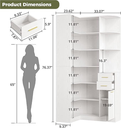 IRONCK Corner Bookshelf, 76" Tall Corner Bookshelves, 6 Tiers L-Shaped Bookcase with 10 Open Shelves and 2 Storage Drawers for Living Room or Home Office