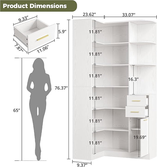 IRONCK Corner Bookshelf, 76" Tall Corner Bookshelves, 6 Tiers L-Shaped Bookcase with 10 Open Shelves and 2 Storage Drawers for Living Room or Home Office