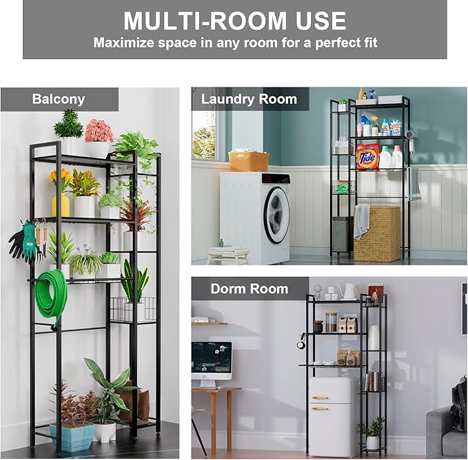 QOOIE Over The Toilet Storage with Wooden Shelves and Side Rack, 7-Tier Black Over Toilet Bathroom Organizer Freestanding Storage Shelf for Toilet Paper, Towels, Toiletries, 31.5" Wide