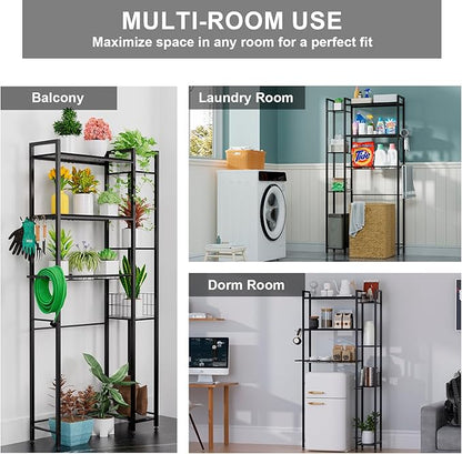 QOOIE Over The Toilet Storage with Wooden Shelves and Side Rack, 7-Tier Black Over Toilet Bathroom Organizer Freestanding Storage Shelf for Toilet Paper, Towels, Toiletries, 31.5" Wide