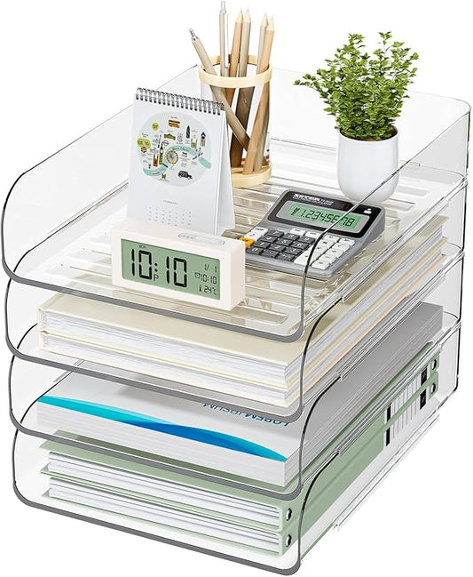 HIYOHIYO 4 Tier Clear A4 Paper Tray, Acrylic Desk Organizer for A4 File, Stackable Paper Organizer for Office, Large Capacity Desktop Letter Holder, Stackable Papers Storage Rack, Vertical Style