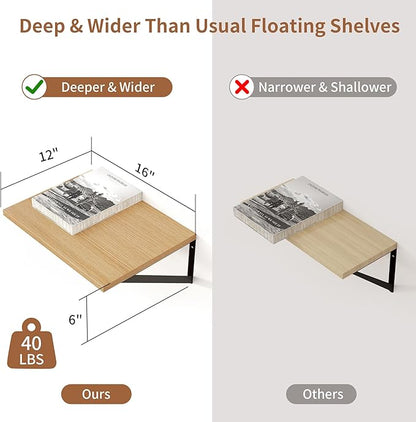 Axeman Deep Floating Shelves, 12 Inch Deep Rustic Oak Floating Wall Shelves Set of 2, 16W x 12D Large Floating Shelves Living Room Cleanning Room Laundry Room Garage - Oak with Black Brackets