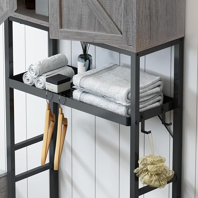 Timboniture Over The Toilet Storage Cabinet, Bathroom Above Toilet Cabinet Organizer with Doors and Adjustable Shelves, Bathroom Shelf Organizer with Anti-Tip Device & Drain Rack, Grey