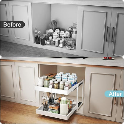 Golener 2-Tier Expandable Pull Out Cabinet Organizer - Slide Out Drawers for Kitchen Cabinets, Bathroom Organizers and Storage, Under Sink Organizer for Kitchen Storage Organization, White Metal Frame