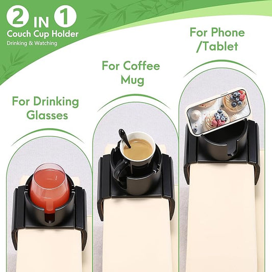 SINWANT Couch Cup Holder, 2 in 1 Bamboo Couch Drink Holder & Phone Stand,Foldable Anti-Slip Sofa Mug Holder for Coffee Mug,Bottles,Cans etc. on 5 Inch Square Soft Sofa RV Armrest