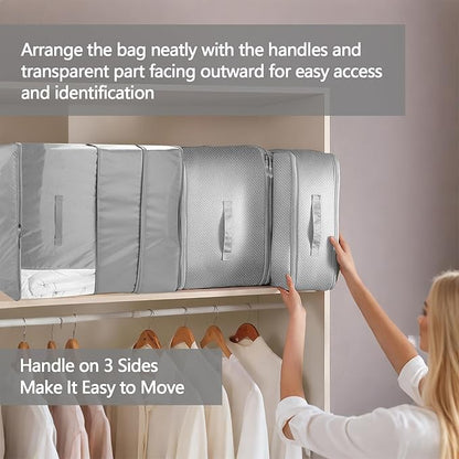 4 Pack Space Saving Comforter Storage Bag with Handle, 3-Layer Compression Blanket Storage Bags Adjustable In 3 Sizes (142L, 107L, 71L), Washable Bedding Organizer For Pillow Duvet Clothing Plush Toy