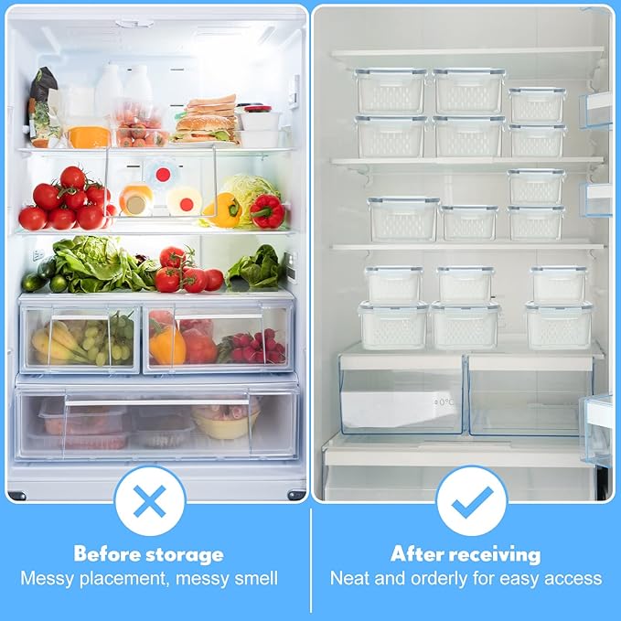 Potchen 6 Pcs Fruit Storage Containers for Fridge, Food Storage Containers Berry Produce Fridge Organizer with Removable Colander Keep Fruits, Vegetable, Veggie, Meat Fresh Longer(Medium, Small)