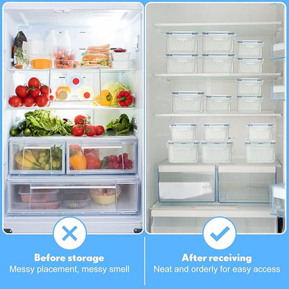 Potchen 6 Pcs Fruit Storage Containers for Fridge, Food Storage Containers Berry Produce Fridge Organizer with Removable Colander Keep Fruits, Vegetable, Veggie, Meat Fresh Longer(Medium, Small)