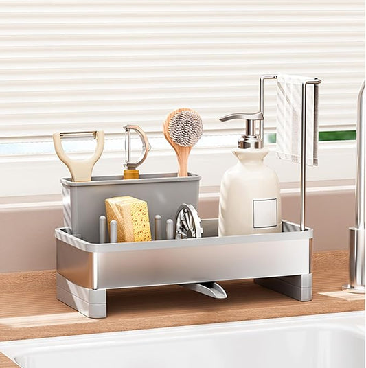 SOVGIZF Sponge Holder for Kitchen Sink,Sink Caddy Organizer with Removable Brush Holder,Kitchen Countertop Soap Dispenser Storage with Detachable Towel Rack, Grey