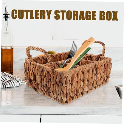 Rustic Woven Straw Storage Basket Lid Storage Basket for Cutlery Desktop Sundries Holder