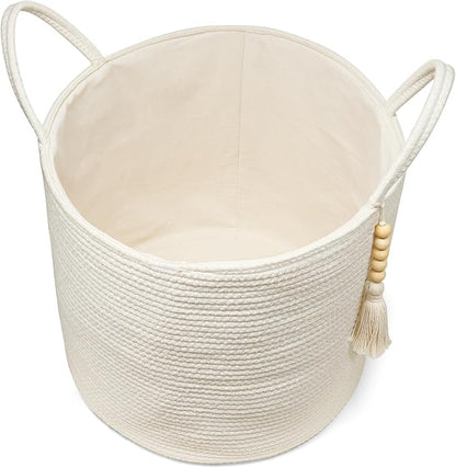 Mkono Woven Storage Basket Decorative Natural Rope Basket Wooden Bead Decoration for Blankets,Toys,Clothes,Shoes,Plant Organizer Bin with Handles Living Room Home Decor, White, 16" W × 13.8"L