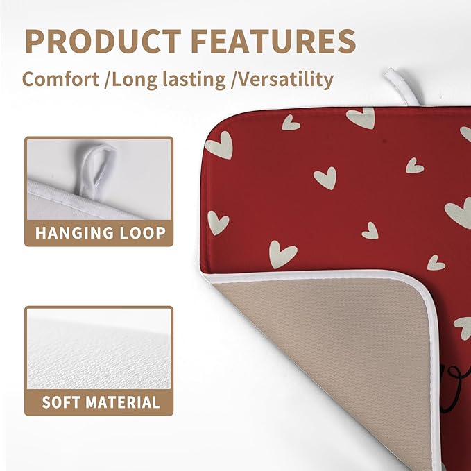 Wnoesat Valentines Day Dish Drying Mat 18x24 Inch Valentine Red Love Heart Drying Mats for Kitchen Counter Super Absorbent Microfiber Medium Dish Drying Pad Heat Resistant Dish Draining Rack Mat