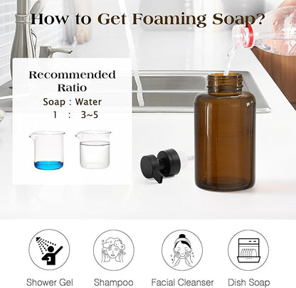 Luxspire Foaming Soap Dispenser, Glass Foam Pump Soap Dispenser, Non-Slip Hand Soap Bottle with 5 Waterproof Labels, 15 Oz Refillable Liquid Soap Bottle for Bathroom & Kitchen, Amber, 2 Pack