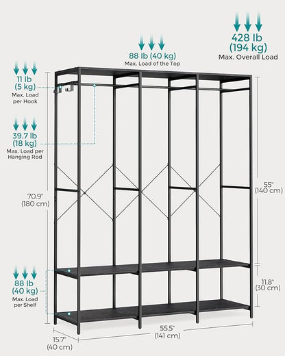 SONGMICS Clothes Rack, Iron and Wood Wardrobe Closet Organizer, Heavy Duty Garment Rack with Hanging Rods, Closet Shelves, Removable Hooks, 15.7 x 55.5 x 70.9 Inches, Ebony Black URGR005B56