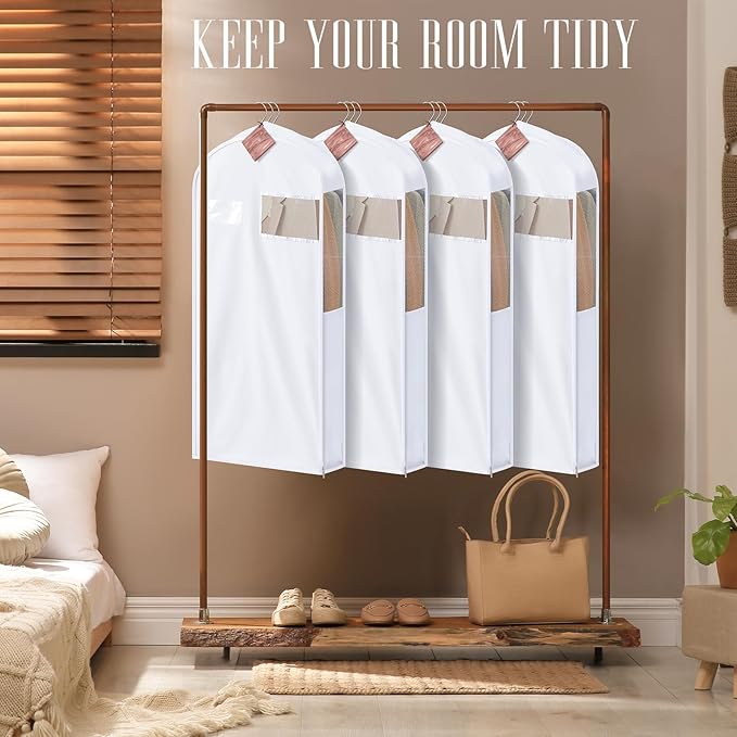 2 Sets 40 Inch Short Cotton Garment Bags, Breathable Hanging Clothes Covers with Card Pocket & Mesh Viewing Window, 8 Cedar Blocks for Suits, Sweaters, Fur Coats, Short Dresses, 6 Inch Wide