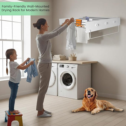 Laundry drying rack wall mount(40-INCH White), a wall mount clothes drying rack solution with reinforced metal frame, easy installation in tight spaces and foldable; drying rack clothing wall mounted.
